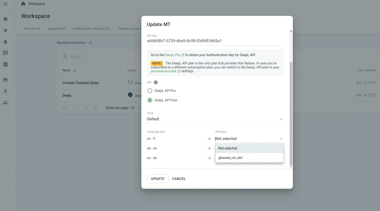 Customize DeepL MT with Glossary 