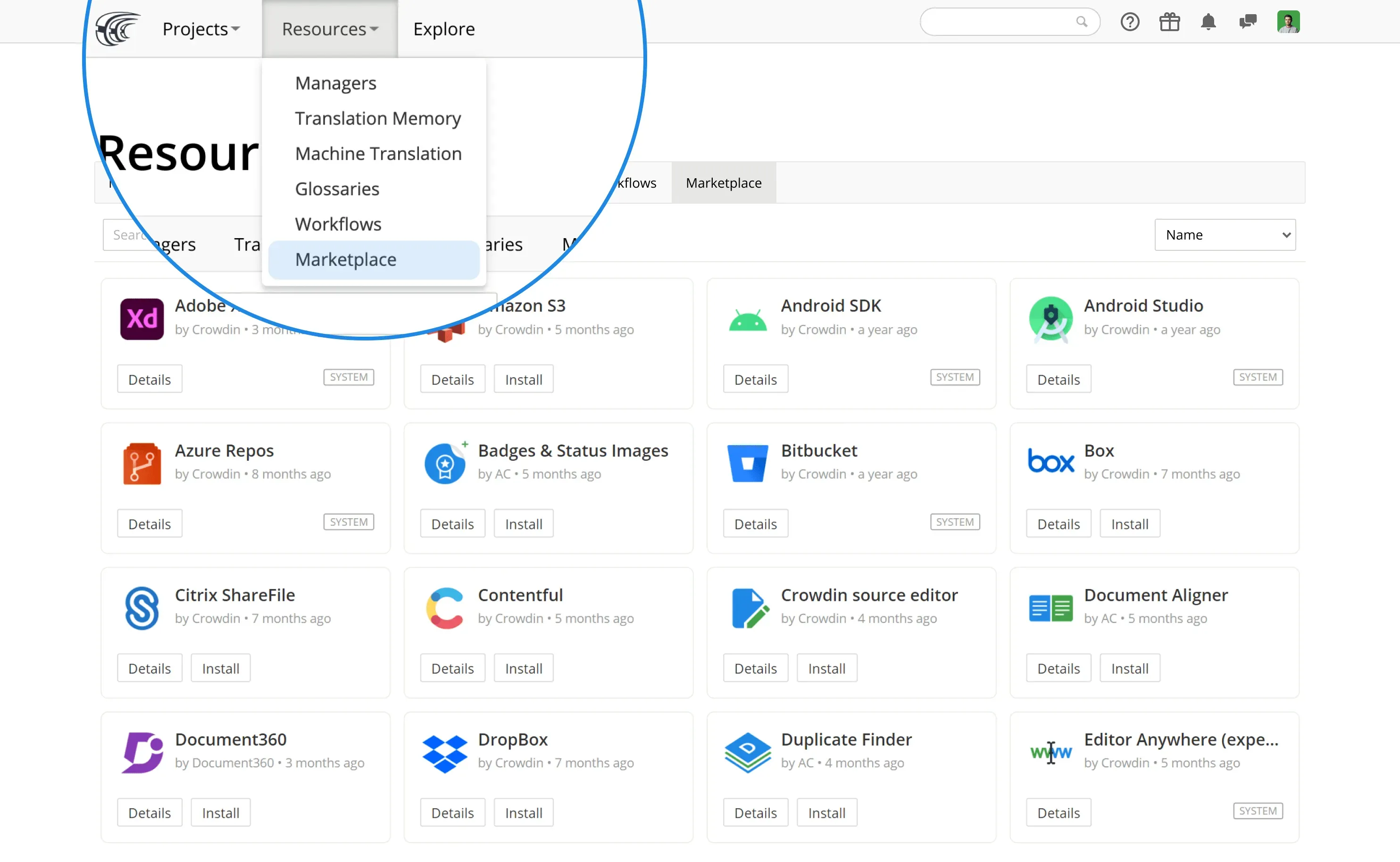 Screenshot of the app Marketplace in the Crowdin.com UI.